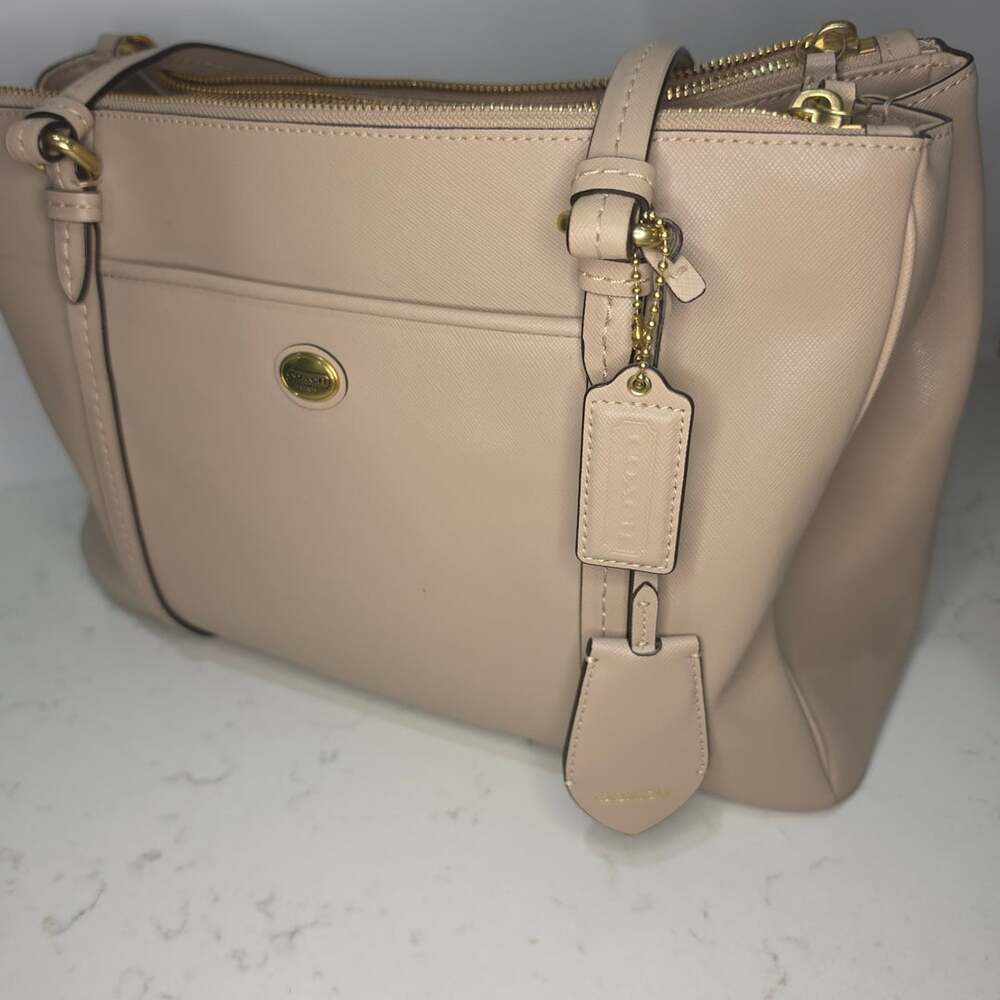 Coach Saffiano Leather Peyton Jordan Double Zip Beige Tote Bag